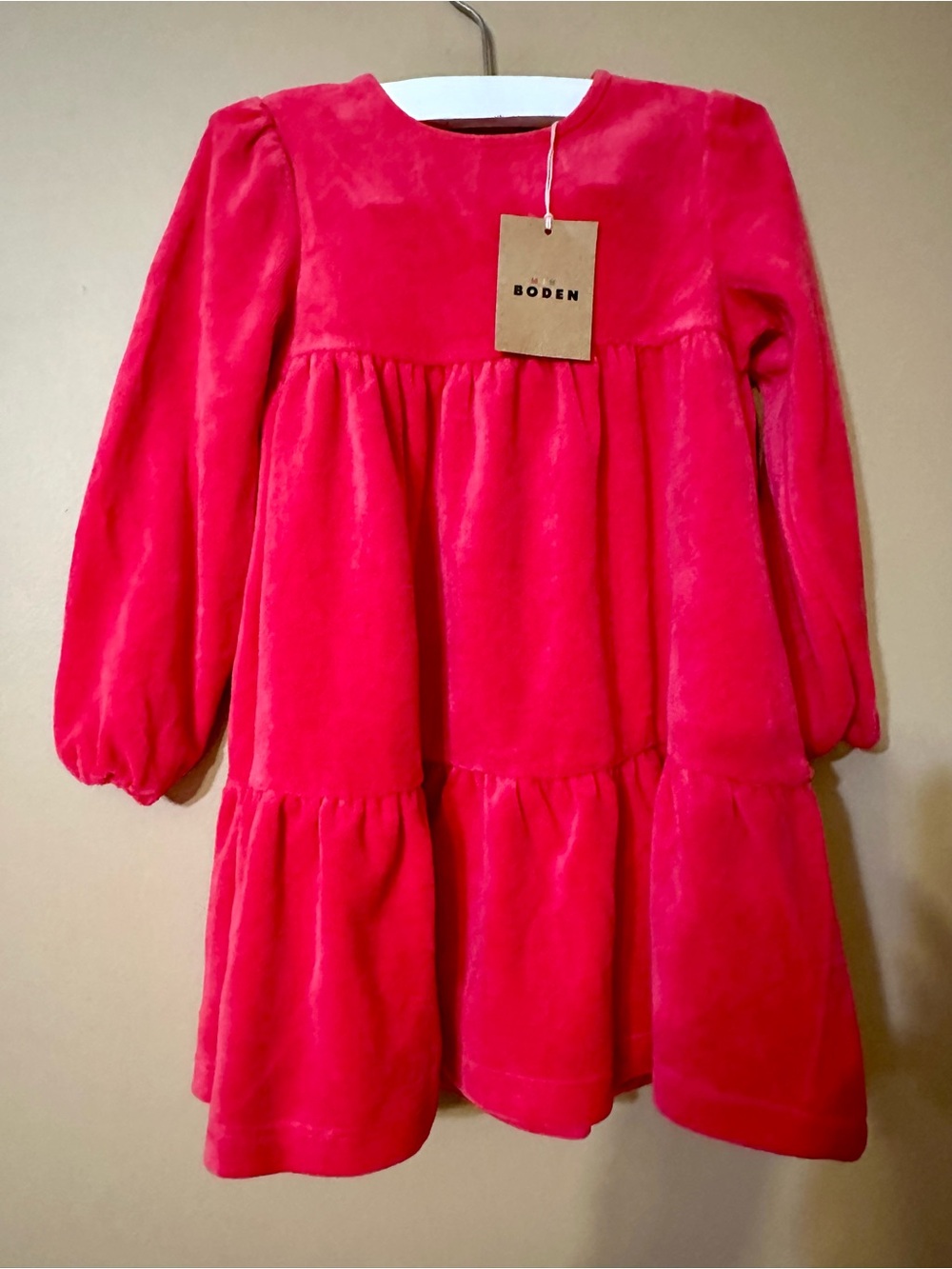 Boden Girls' Vibrant Pink Velour Long-Sleeve Tiered Dress